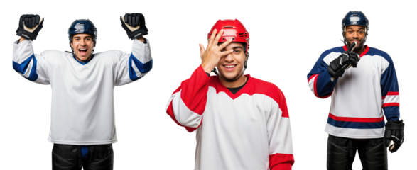 Exciting Ice Hockey Players Celebrating and Posing for Photos in Team Jerseys