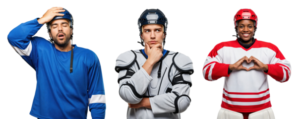 Three Hockey Players Expressing Emotions in Gear and Jerseys