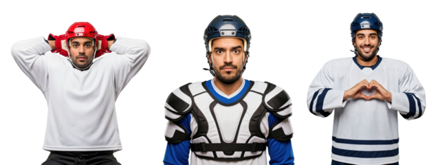 Ice Hockey Player in Gear with Multiple Poses for Promotional Use, Focused on Male Athlete in Protective Equipment