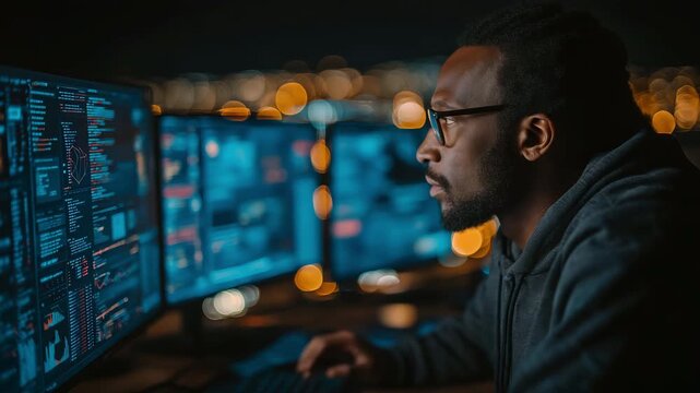 To detect and reduce cyber hazards affecting business operations, cybersecurity experts keep an eye on threat warnings on computer monitors.