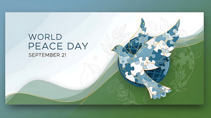 World peace day september twenty one poster featuring stylized dove made of blue puzzle pieces flying over globe