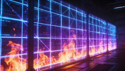 Cyber security firewall technology data center neon blue glowing grid digital defense orange flame heat futuristic server room interior