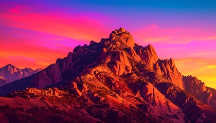 Vibrant sunset over rugged mountain landscape with colorful sky