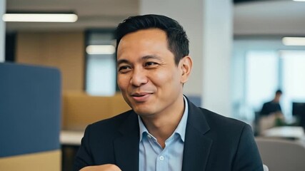 Smiling Asian Businessman in Office Environment Engaging with Colleagues in a Modern Workplace