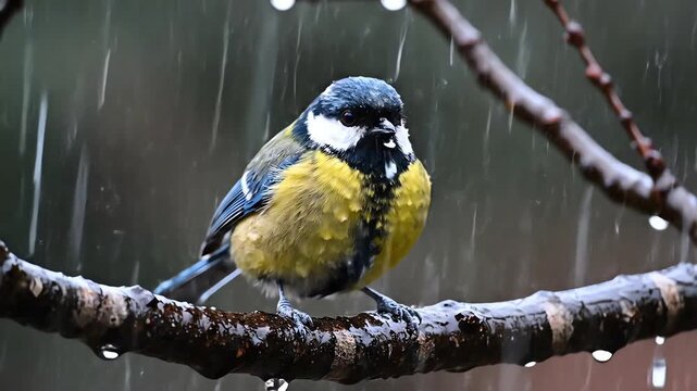 Moody cinematic shot of a resilient great tit sitting motionless on a wet bare tree branch during a soft, gentle rain shower storm, outdoor scene, rain