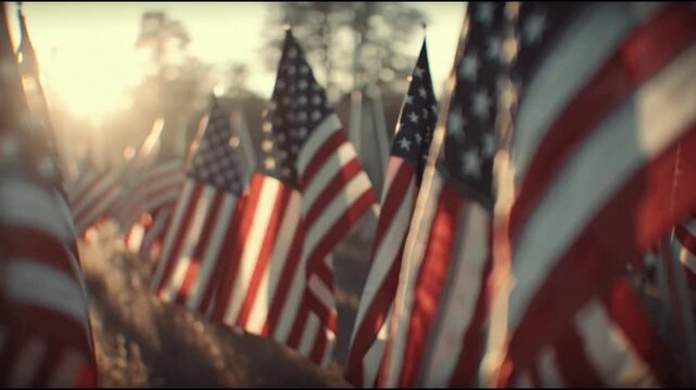 American flags waving in the wind on a sunny day