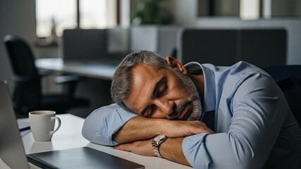 Middle-Aged Man Sleeping at Desk in Modern Office Setting