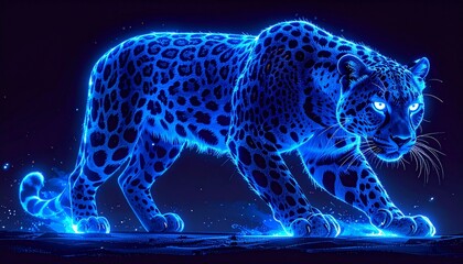 Glowing blue leopard walking in dark background with neon effect