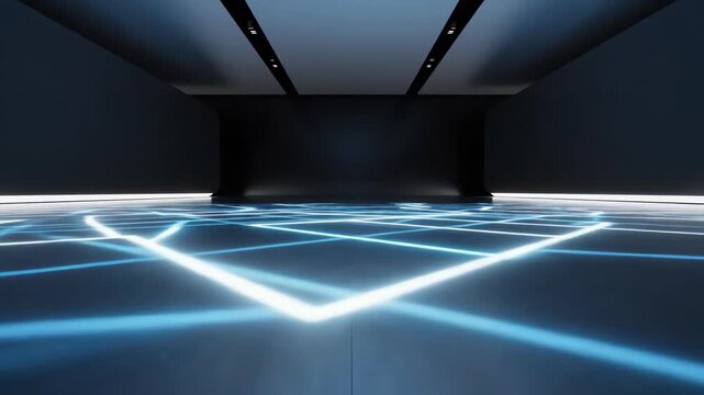 Moving abstract subsurface pattern of subtle geometric lines illuminating a polished metallic floor in a vast, dark, empty luxury showroom environment polished, design, graphics