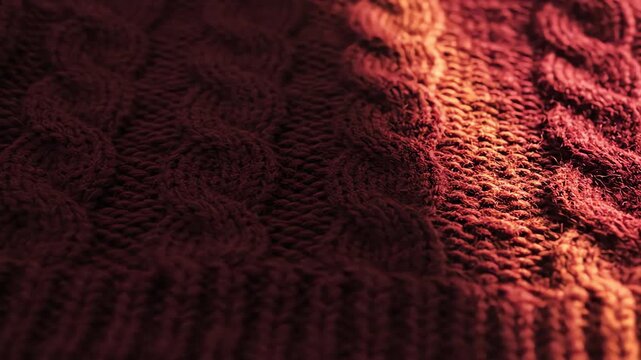 Moving warm directional light slowly raking across the highly textured deep red knitting pattern revealing the intricate three dimensional woven detail quality, directional, wool