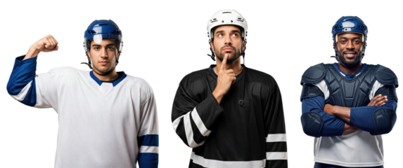 Group of Male Ice Hockey Players in Uniforms with Different Poses and Expressions