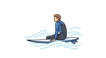 Surfer in wetsuit sitting on surfboard in ocean waves.