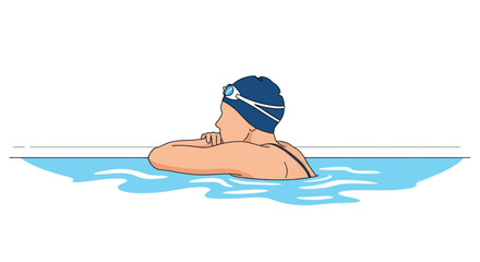 Swimmer in blue cap and goggles resting at pool edge.