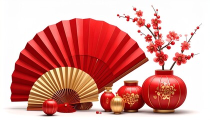 Vibrant red Chinese New Year decoration with fan and vases