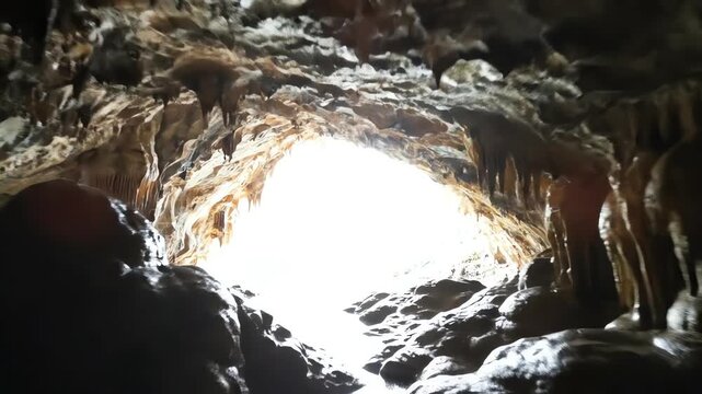 Mysterious slow motion journey emerging from the absolute darkness of a natural cave structure toward a bright, distant, circular opening of daylight subterranean, formation, geology