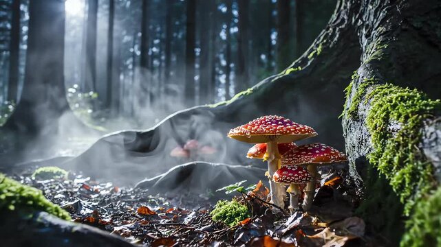 Mysterious swirling fog slowly rolls across the dark moody forest ground highlighting a colorful patch of amanita muscaria fungi near ancient tree roots outdoor, angle, wilderness