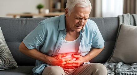 Senior man suffering from severe acute stomach pain at home alone