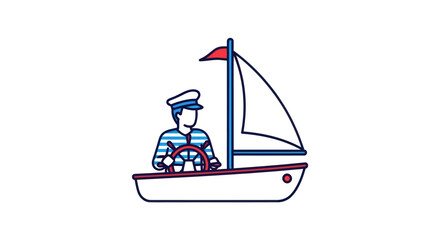 Cartoon Sailor Steering a Sailboat with Red Flag.