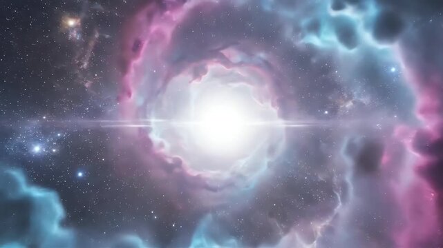 Mystical swirling cosmic nebula clouds of magenta and cyan condensing into a centralized point of bright white healing light vortex, loop, transition