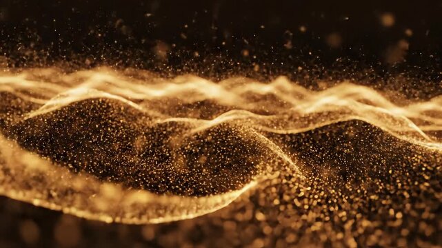 Mystical glowing energy field composed of rich golden particulate plasma waves gently vibrating and swirling against a deep dark background volumetric, Mystical, hyperspace