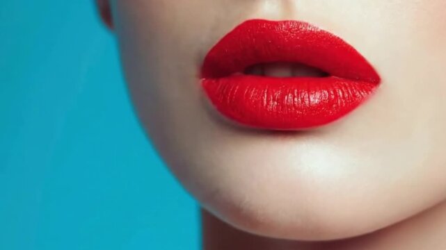 An extreme close-up captures a person's luscious lips, adorned with rich, glossy red lipstick, against a striking teal-blue background. The pristine skin surrounding the mouth highlights the vivid col