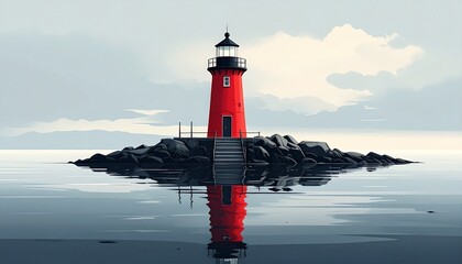 Vibrant red lighthouse standing tall on rocky island in calm sea