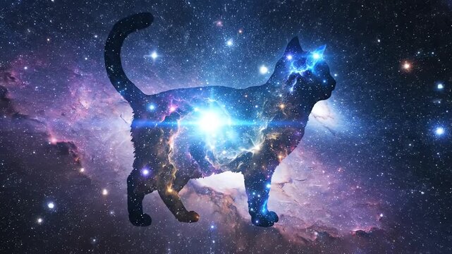 Nebula cat silhouette rotating slowly in deep space filled with swirling galaxies and cosmic dust shimmering brightly on a dark starry blue void feline, abstract concept, cosmos