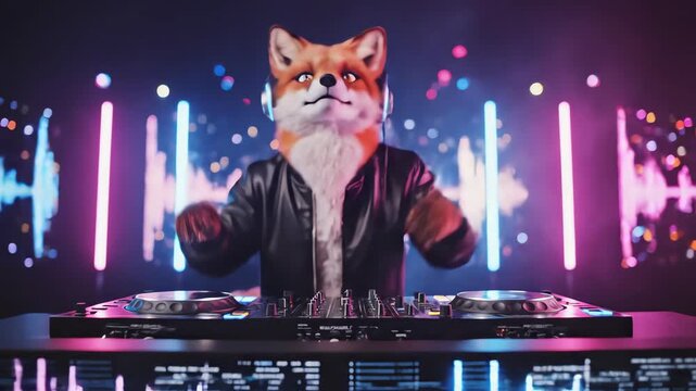 Neon-lit lifestyle shot of a sleek red fox wearing large professional headphones intensely focused on mixing tracks at a high-tech DJ booth nightclub, fox, blue light