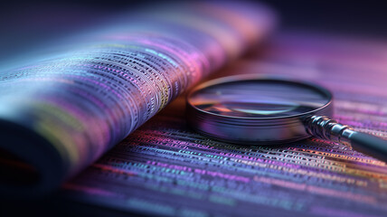 A magnifying glass positioned over a data sheet to represent information investigation, detailed scrutiny and analytical research processes.
