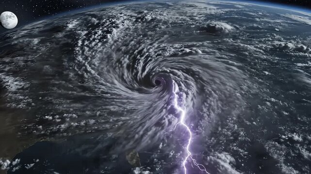 Ominous night view from orbit with lightning flashing within the central wall of a monstrous tropical hurricane covering massive land masses central wall, environmental, tropical