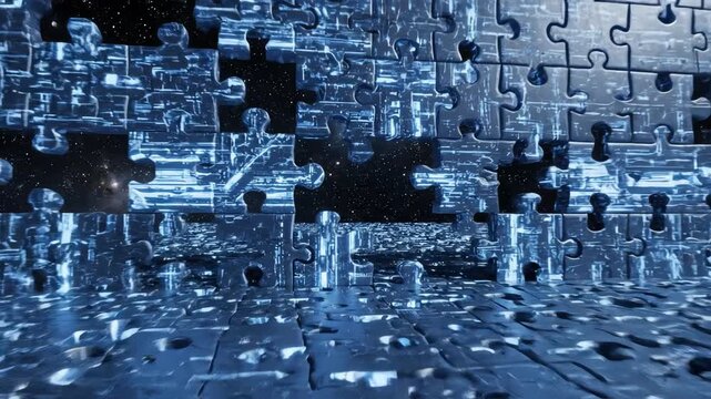 Ominous deep space digital wall composed of thousands of unfinished, glowing blue puzzle gaps symbolizing a monumental and daunting obstacle field risk, grid, darkness