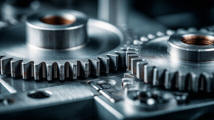 A pair of interlocking metal gears representing mechanical engineering principles and coordinated industrial functionality.
