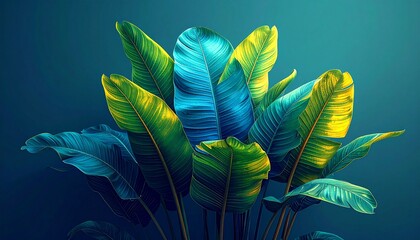 Vibrant tropical leaves in shades of blue and green on dark background
