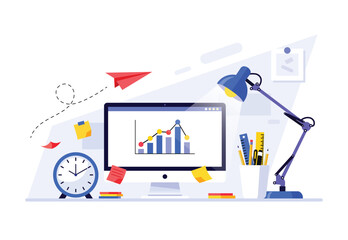 Desktop setup with computer displaying a growth chart and office supplies Vector