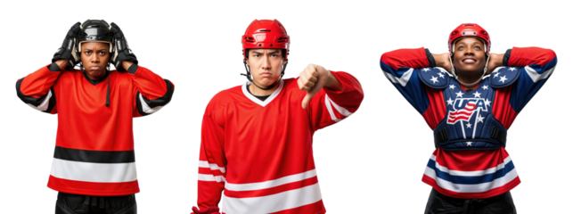 Diverse Male Hockey Players Expressing Emotions in Team Jerseys