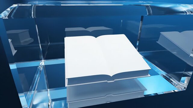 Orbital view sweeping around a monumental glass enclosure containing a single pristine rectangular block, resembling a blank book, suspended against a deep blue gradient deep blue gradient