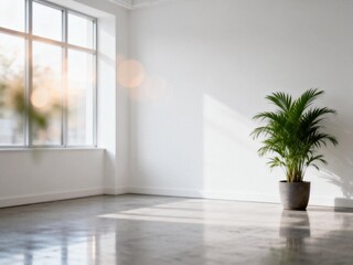 Obraz premium Empty room with potted plant and sunlight