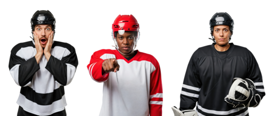 Three Male Ice Hockey Players in Different Jerseys Showcasing Emotions and Poses