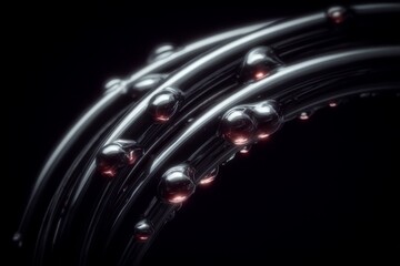 Curved metallic cables adorned with glossy droplets emerge from a dark background, creating a sleek, futuristic abstraction ideal for technology, data, or connectivity themed designs.