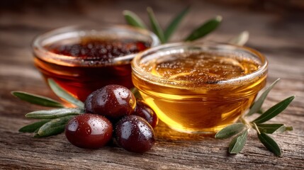 Close-up of glossy olives beside bowls of golden and dark oil on a rustic wooden surface, evoking Mediterranean flavor, quality ingredients, and gourmet branding.