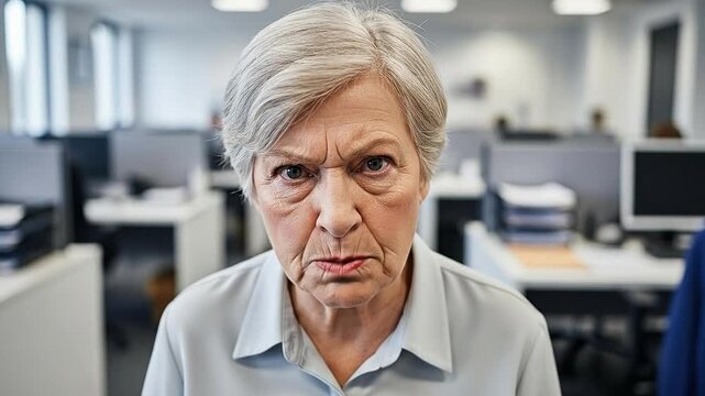 Angry Senior Woman in Office Environment Expressing Frustration with Work Conditions
