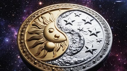 Ornate decorated yin yang emblem rotating slowly with a detailed golden sun pattern and a silver moon pattern symbolizing cosmic duality and luxury metallic, antique, motion
