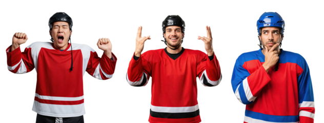 Excited Male Hockey Fans Celebrating in Team Jerseys with Enthusiastic Gestures