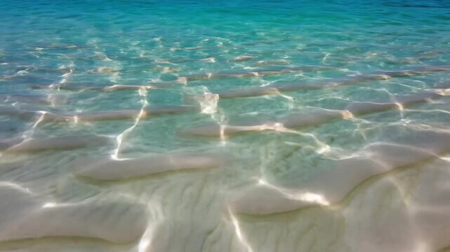 Overhead abstract view of shallow turquoise tropical water with sunlight casting moving caustic ripples and revealing organic sand patterns below movement, ocean, sea