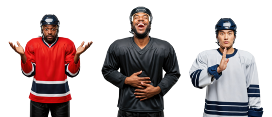 Three Hockey Players Displaying Different Emotions in Team Jerseys on transparent background