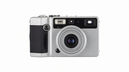 Silver Compact Camera in Modern Design with Black Accents and Lens in Studio Lighting for Product Photography