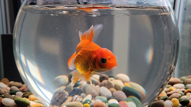 Overhead aerial view looking down into a small, clear glass fishbowl, showing a tiny orange fish paused near the surface, observing the immense, blurry world below aquarium view, stillness