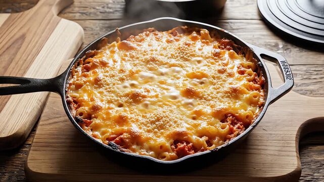 Overhead aerial view of a completely untouched golden crusted baked ziti dish sitting centrally in a heavy black cast iron skillet surrounded by simple wooden cutting boards receiving soft window ligh