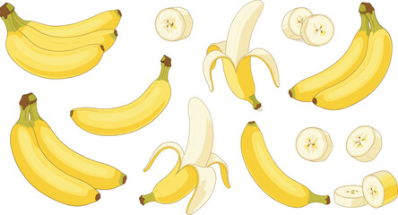 Banana vector set with whole peeled sliced bananas isolated on white background flat illustration design elements © Sumon Creative