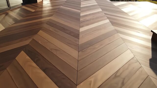 Overhead aerial view of meticulously arranged geometric wood decking creating a complex herringbone pattern texture suitable for contemporary design large, meticulously, texture